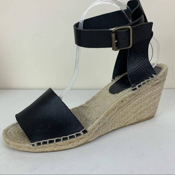 J Crew Black‎ Leather Corsica Ankle Strap Peep-Toe Espadrilles Sz 11 - Picture 3 of 7